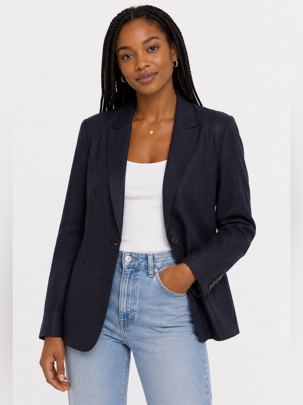 H&M Navy Linen-Blend Blazer – Single Button, Lined (Size S)